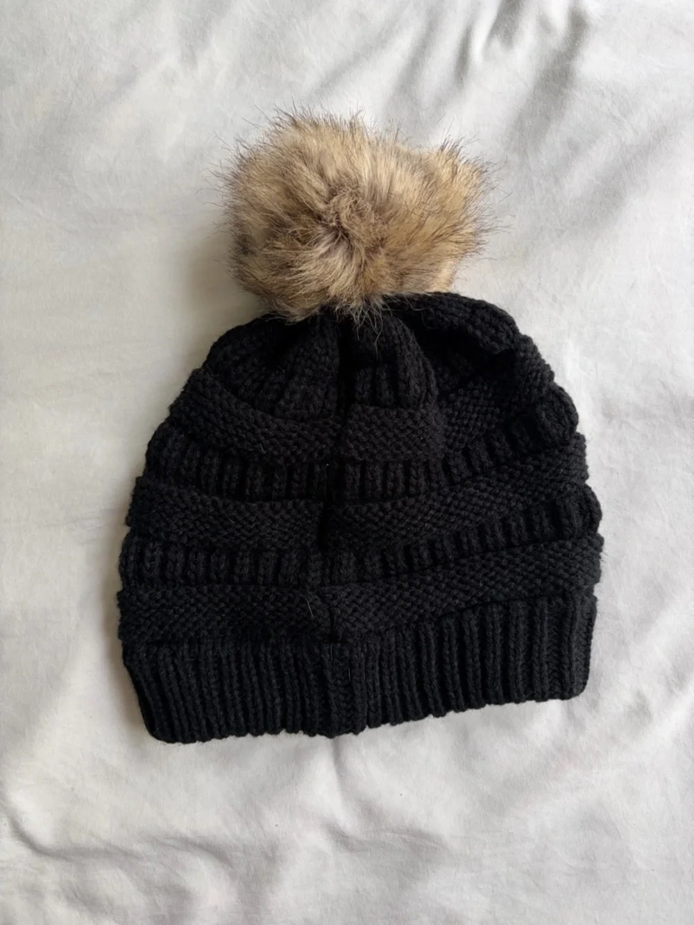 C.C Kids Black Knit Beanie with Tan Faux Fur Pom - Picture 2 of 3